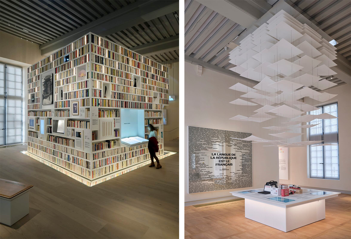 Cité Internationale de la Langue Française, Château de Villers-Cotterêts, design by Projectiles, images by Sébastien Veronese, all rights reserved.  On the left the magic library in Corian<sup>®</sup> Salt integrates multimedia and interactive media produced by Séquoia / Ducaroy / Grange. On the right, a chandelier composed of flying pages in Corian<sup>®</sup> Glacier White produced by Crea Diffusion.