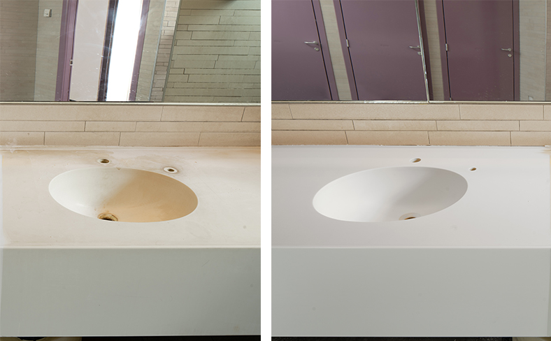 Corian<sup>®</sup> Glacier White bathroom surfaces with five seamlessly integrated washbasins restored to like-new condition