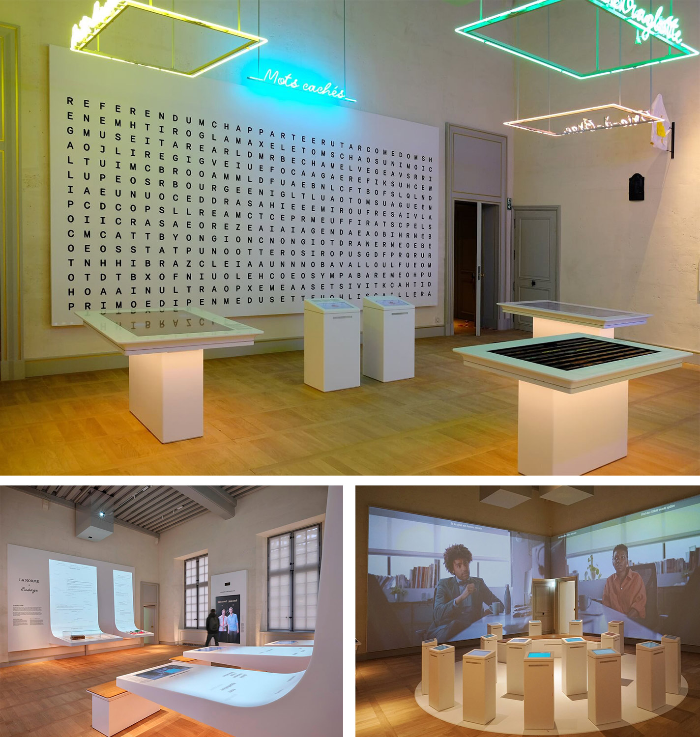 Cité Internationale de la Langue Française, Château de Villers-Cotterêts. Walls and furniture in Corian<sup>®</sup> Salt with integrated touch screens and backlighting. Images Sébastien Veronese, all rights reserved.