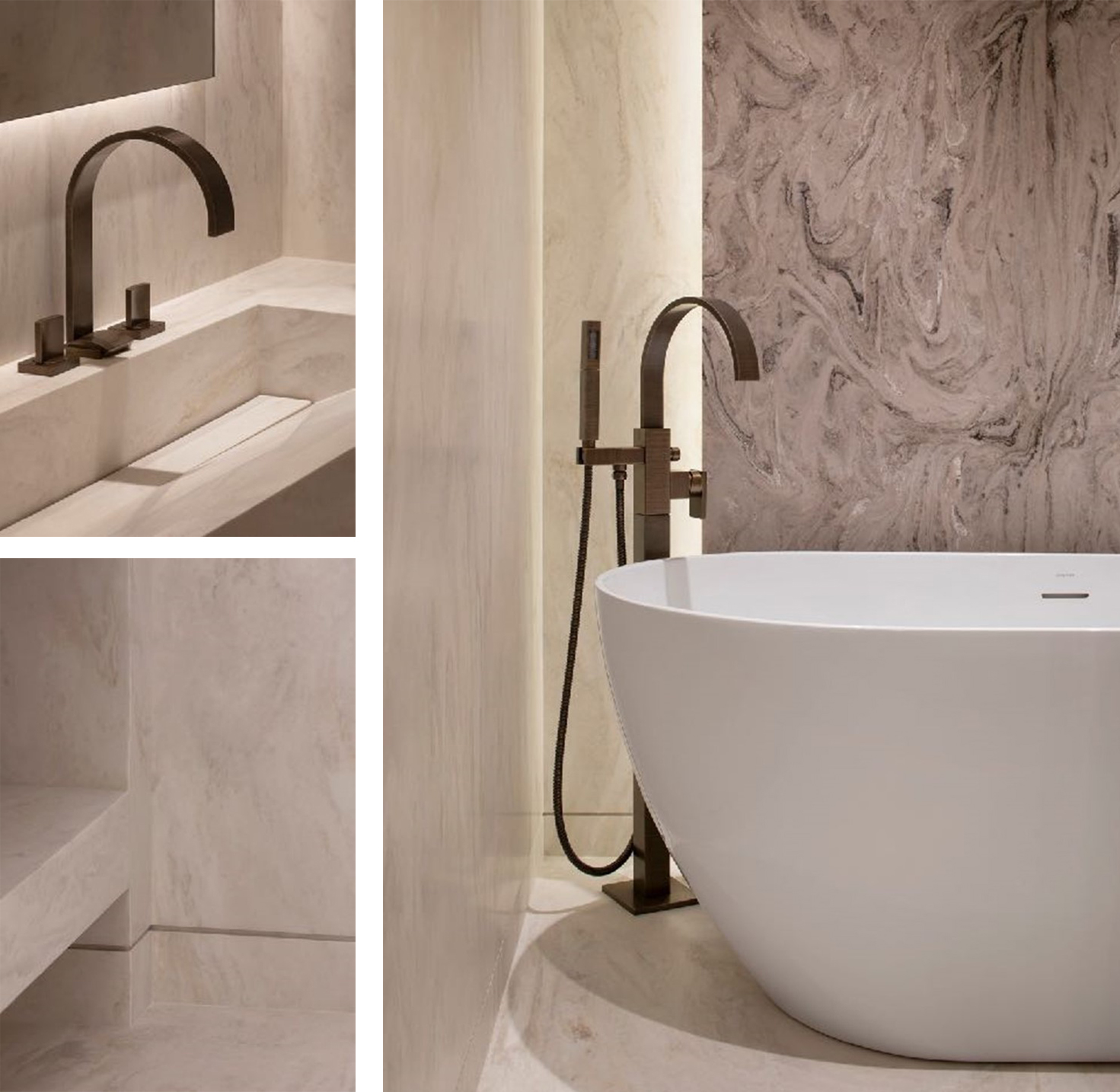 Floor and walls cladding, vanity unit with seamlessly integrated washbasin, towel rack and niches in Corian<sup>®</sup> Carrara Crema colour (upper left).