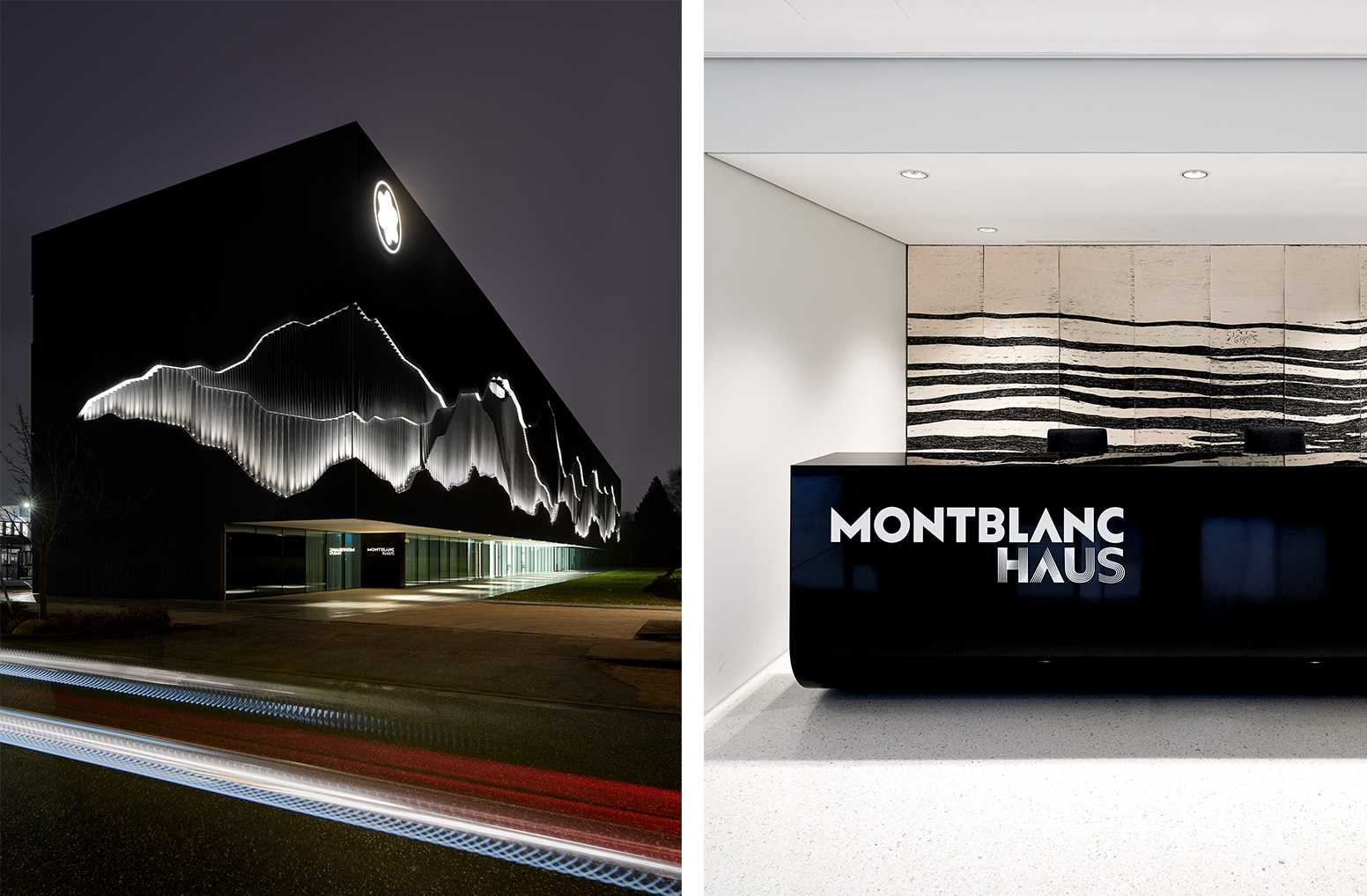 Montblanc Haus, Hamburg. Inside the iconic building (photo on the right), detail of the reception desk in Corian<sup>®</sup> Deep Nocturne with mirror polished finish. Design by Projectiles; fabrication by Crea Diffusion ; images by Daniel Schafer; all right reserved.